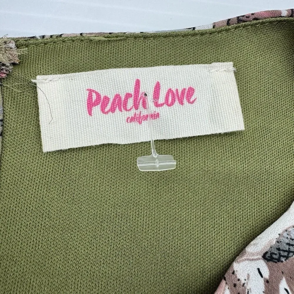 Peach Love Green Floral Boho Bell Sleeve Tunic Dress Small